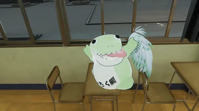 翼の生えたワニが机の上に立っている行儀の悪い画像