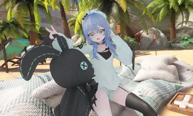 ビーチにてウサぬいをいじめる